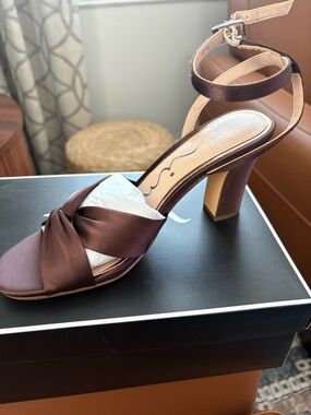 Nina Brown Satin Knotted Ankle-Strap Block Heel Sandal